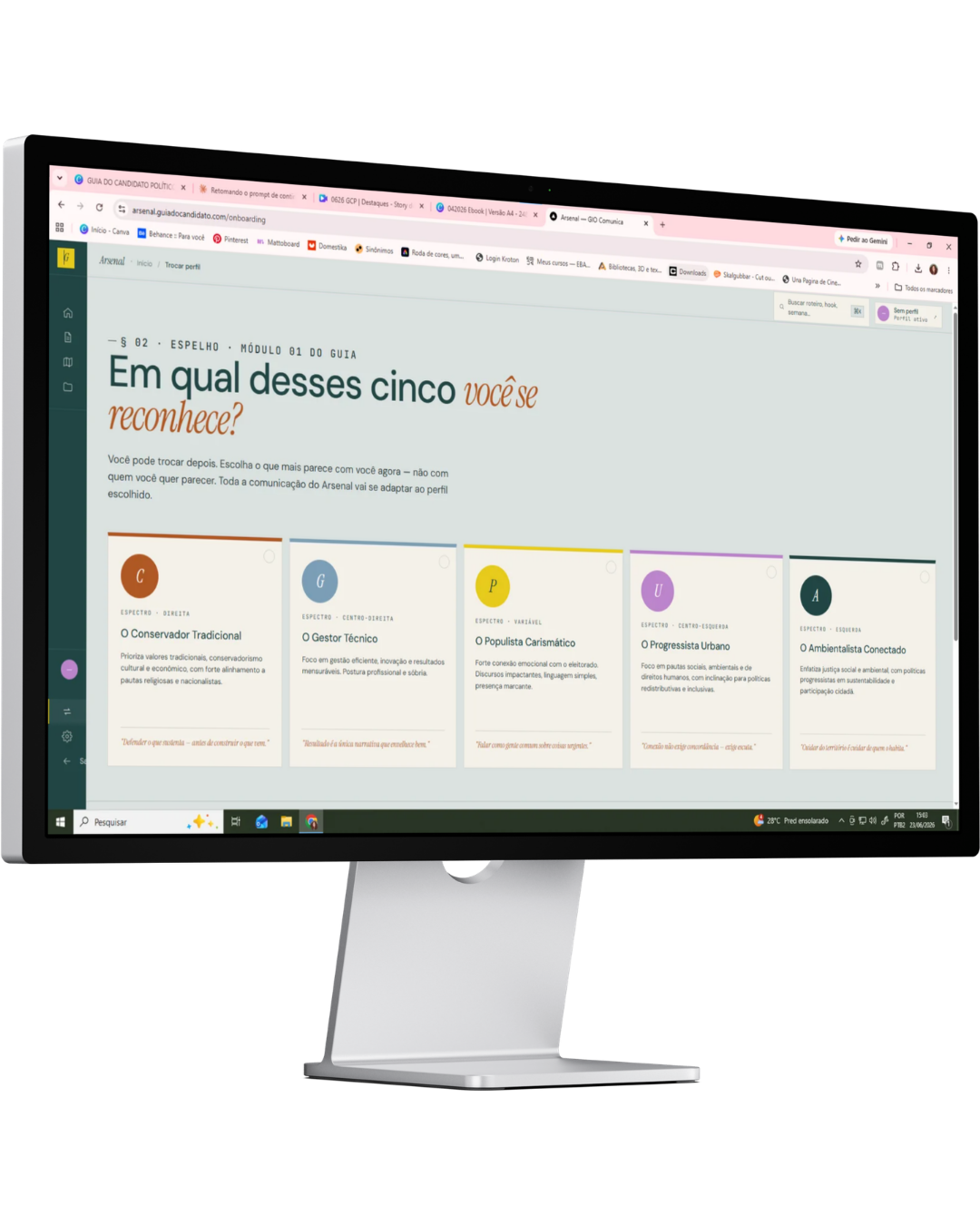 Arsenal em uso — tela desktop do sistema com os cinco perfis políticos aplicados