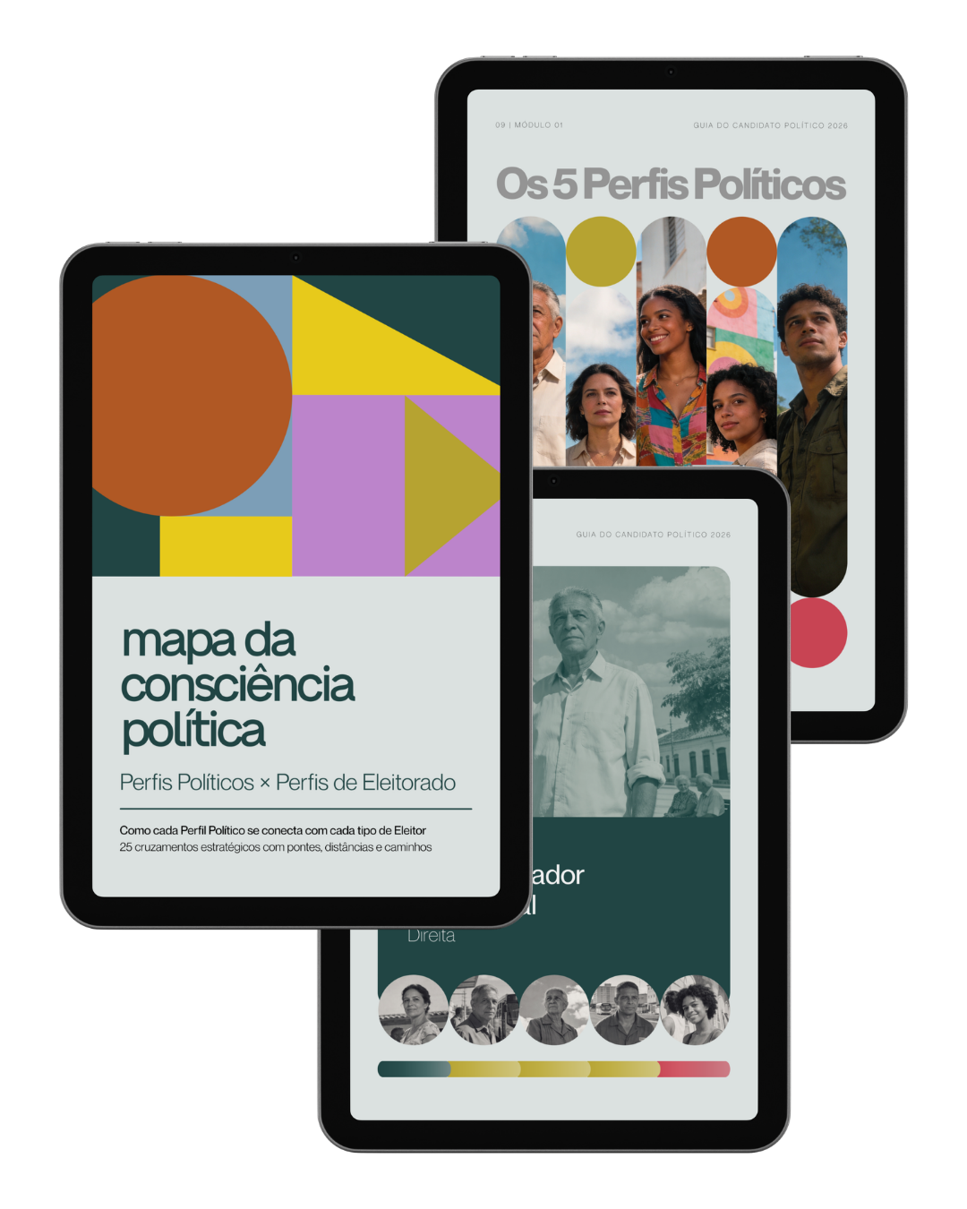 Arsenal — Biblioteca Estratégica: Mapa da Consciência Política, Cinco Perfis Políticos, e ficha do Conservador Tradicional em tablets